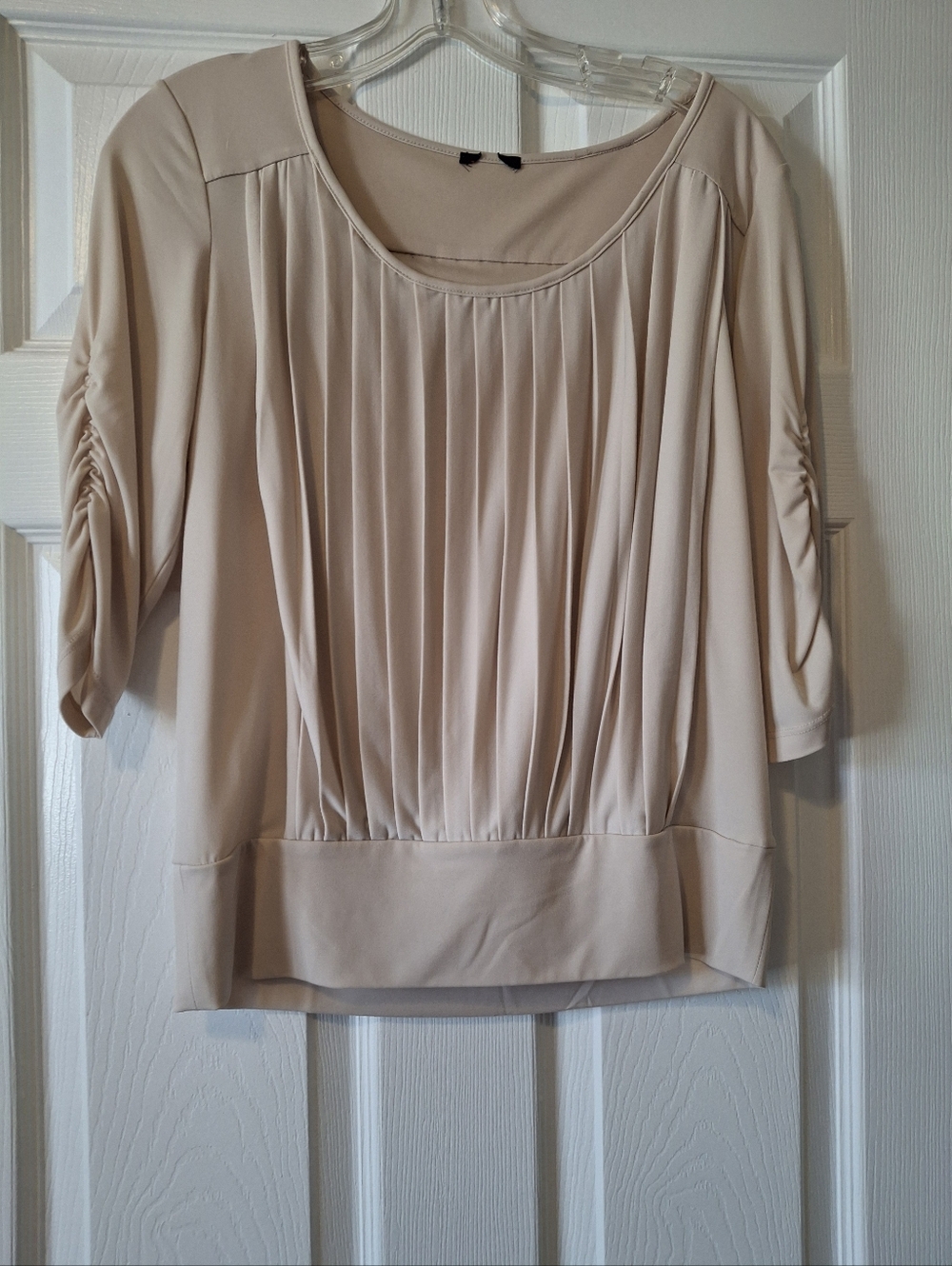 Pleated Scoop Neck Women’s Top in Light Beige